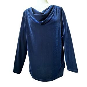 Susan Gravel Blue Velour Top Pullover Cowl Neck Grandmacore Y2K Size Medium